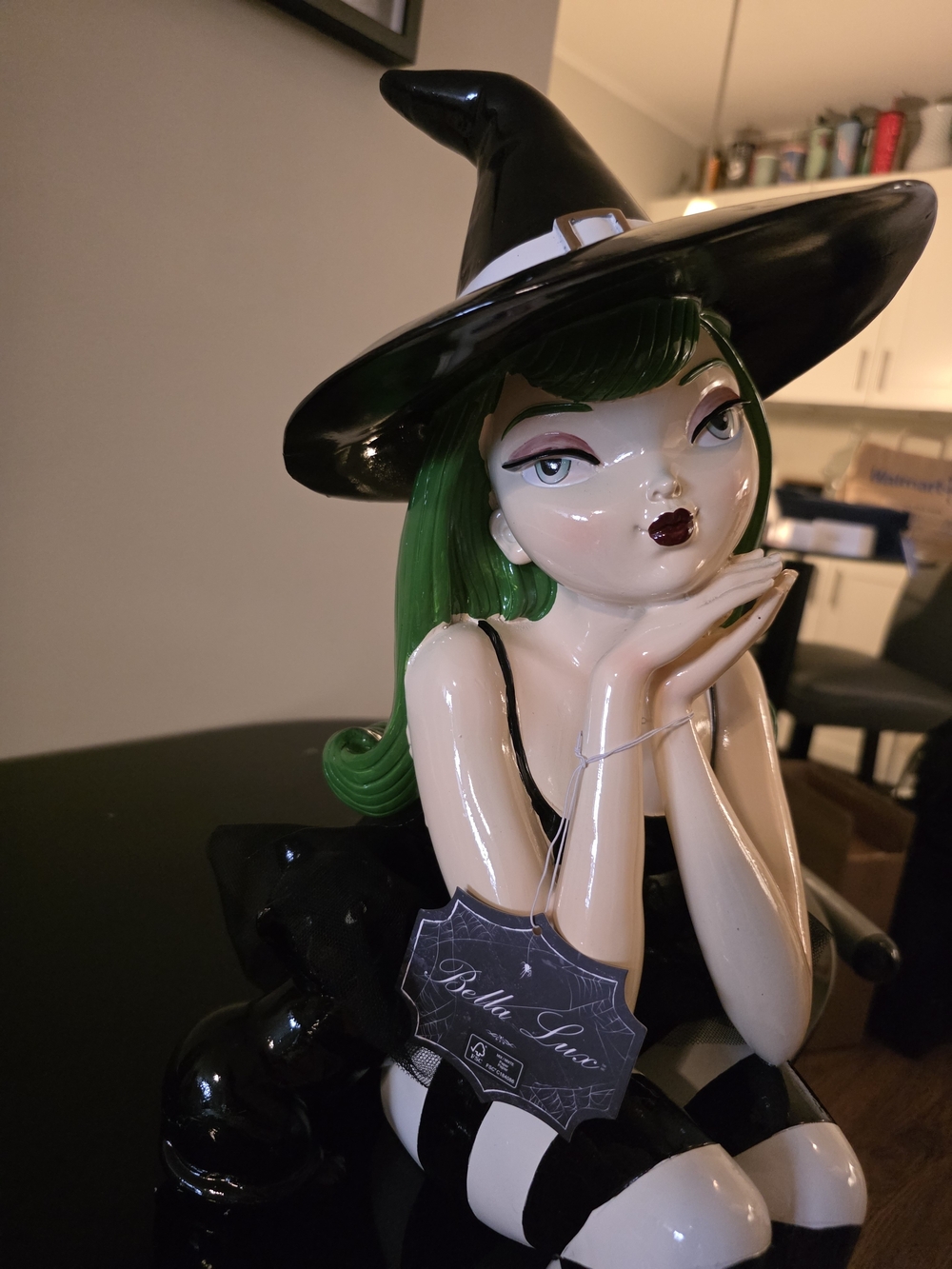Green-Haired Witch Figurine with Black Hat and Striped Tights - Picture 2 of 10